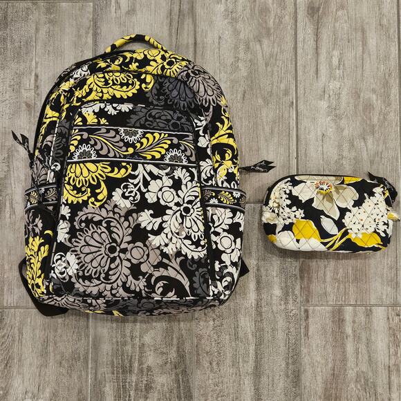 Vera Bradley Laptop Backpack & Cosmetic Bag Set Baroque Floral Yellow Quilted - Picture 1 of 16